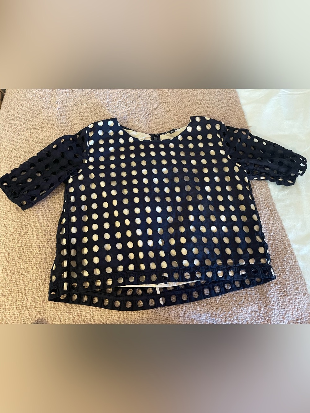 Ann Taylor Navy Blue & Blush Circle Eyelet Polka Dot Blouse Top-Size Small